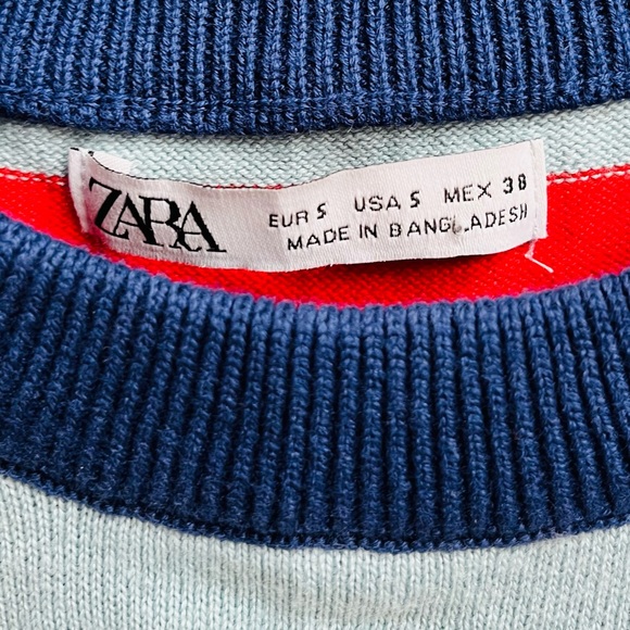 Zara Striped Embroidered Basketball Character Crew Neck Tee Blue Red Size Small - Picture 4 of 7